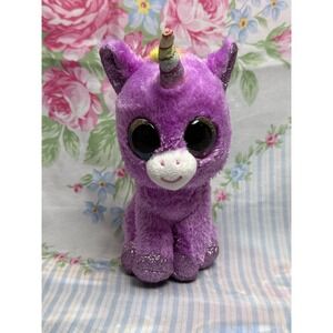 Ty Beanie Boo Rosette the Rainbow Unicorn Plush‎ 6" Purple Glitter Eyes